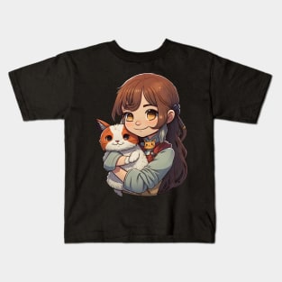 Cat & Girl Kawaii Anime Cute Cat Lover Kids T-Shirt